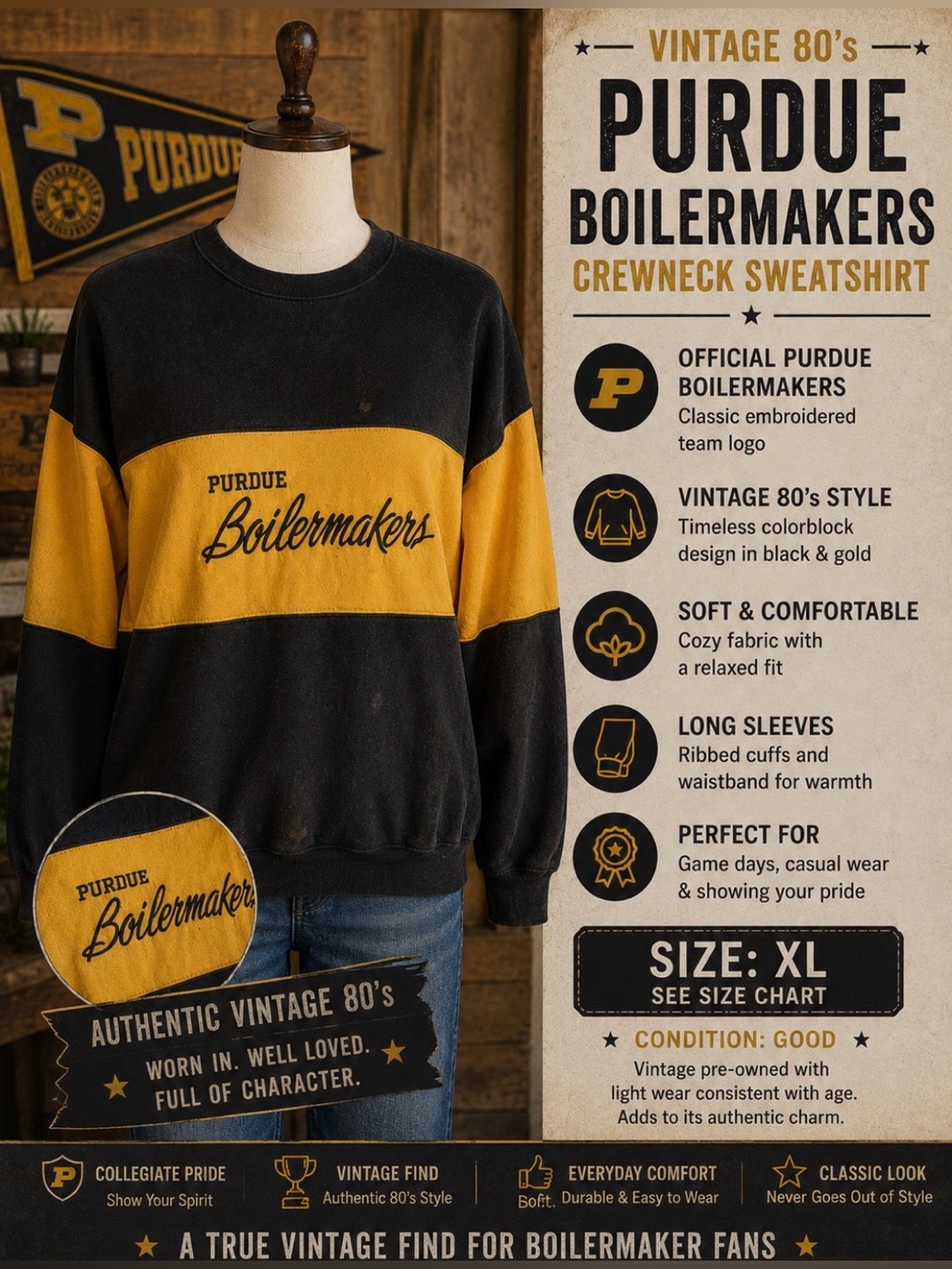 Vintage 80s- Purdue Boilermakers - Black & Gold - CollegeisteCrewneck Sweatshirt